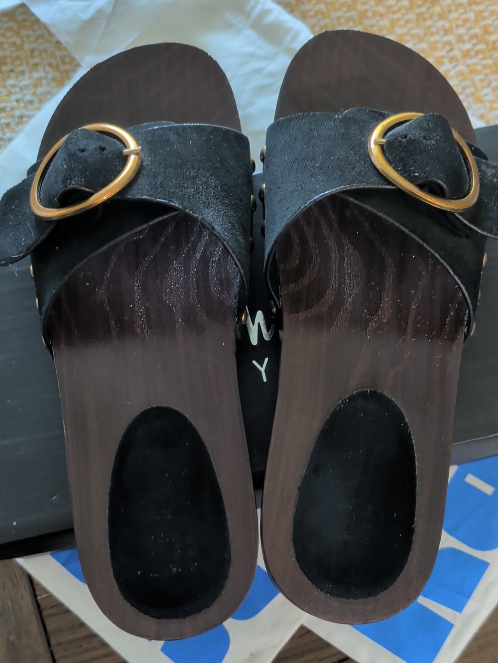 Nicole Miller Black Suede Slide Mules with Gold Buckle